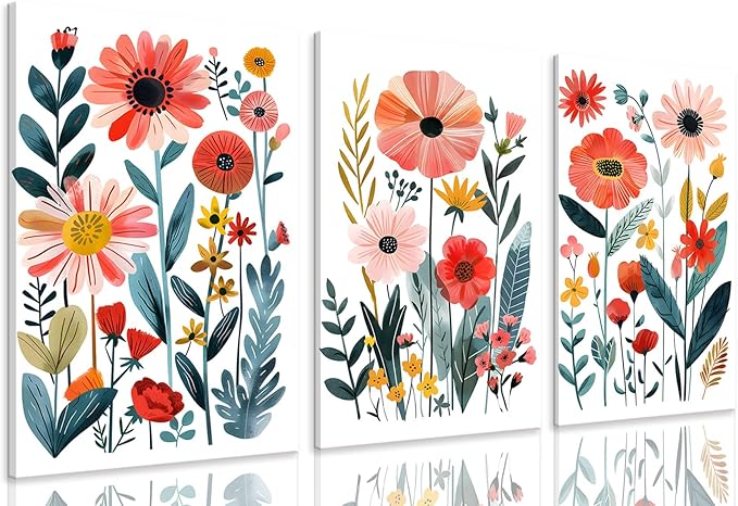 KISSFOX Framed Colorful Wildflower Canvas Wall Art Set Of 3 Flowers Pictures Prints Flowers Printing Floral Watercolors Flower wall Decor Living Room Girls Bedroom Bathroom