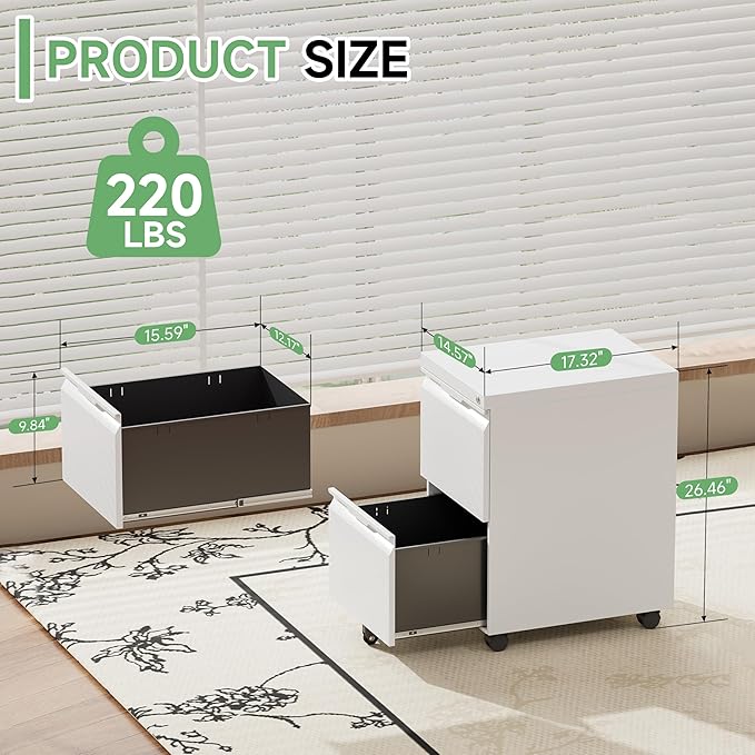 2 Drawer File Cabinet with Lock,Small Filing Cabinet for Home Office,Rolling Metal File Cabinets with Wheels for Letters/Legal/A4 Size, Assembly Required,White