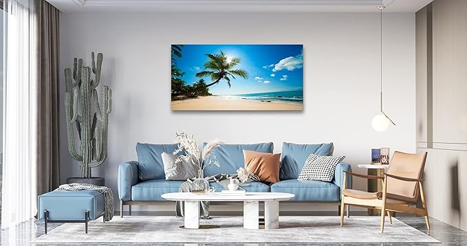 Muolunna X0650 Large Canvas Wall Art Summer Ocean Waves Prints Coconut Trees Beach Seascape Painting Hawaii Sea Nature Pictures Stretched and Framed for Living Room Home Office Wall Decor Artwork