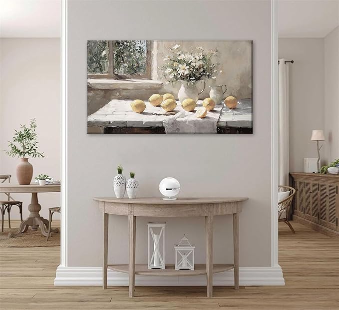 Vintage Kitchen Wall Art Yellow Lemon Still Life Pictures Daisy oil Painting Poster Rustic Farmhouse Artwork Posters White vase Canvas Bedroom Bathroom Wall Decor Kitchen Prints unframe 16x32in