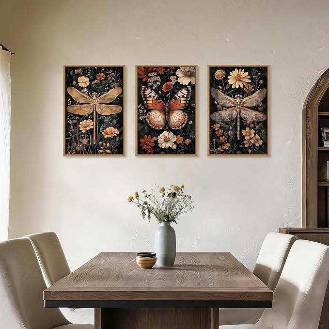 Aryroi Large Vintage Butterfly and Dragonfly Wall Decor Framed Canvas Wall Art,Retro Dark Animal Floral Wall Decor, Moody Insect Wildflowers Botanical Artwork for Living Room,Bedroom,office-24 x36 x3