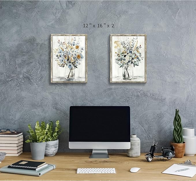 Floral Picture Wall Art Painting: Blossom Bouquet Flowers Prints on Rustic Wood and Handcrafted Wooden Framed Artwork for Home and Bedroom (12” x 16” x 2pcs)