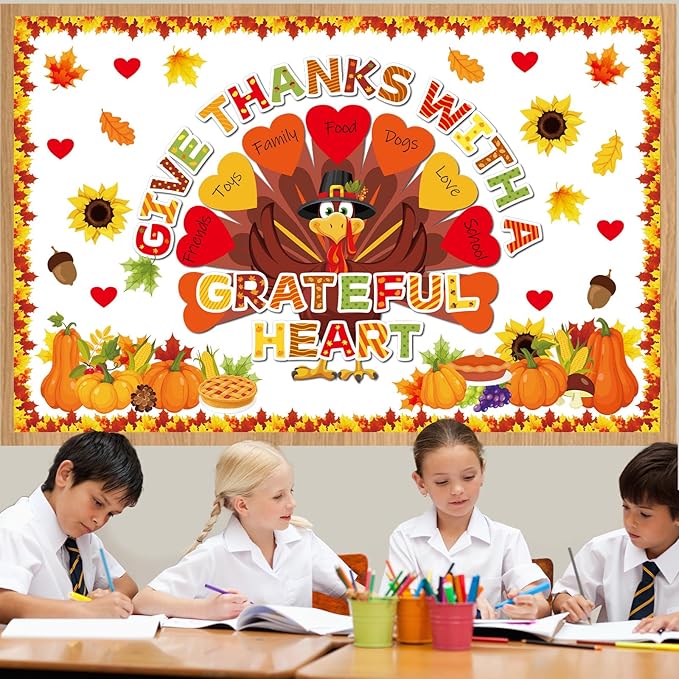 Fall Thanksgiving Turkey Bulletin Board Decorations Set Autumn Grateful Classroom Decor Thankful Maple Leaf Heart Paper Cutout for Harvest Party Back to School Classroom Chalkboard Wall Supplies Favor