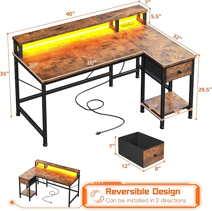 40" Gaming Desk with LED Lights, Computer Desk with Power Outlet & Drawer, L Shaped Desk with Monitor Stand for Gaming, Home Office Desk for Study Room, Bedroom, Living Room,Rustic Brown