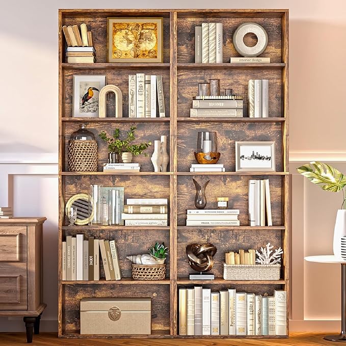 6-Tier Bookshelf & Bookcase Set of 2, Floor Standing Open Book Shelf, Wooden Display Storage Shelves with Anti-Tipping Device, 71" Tall Bookshelves for Bedroom, Living Room and Office, Brown