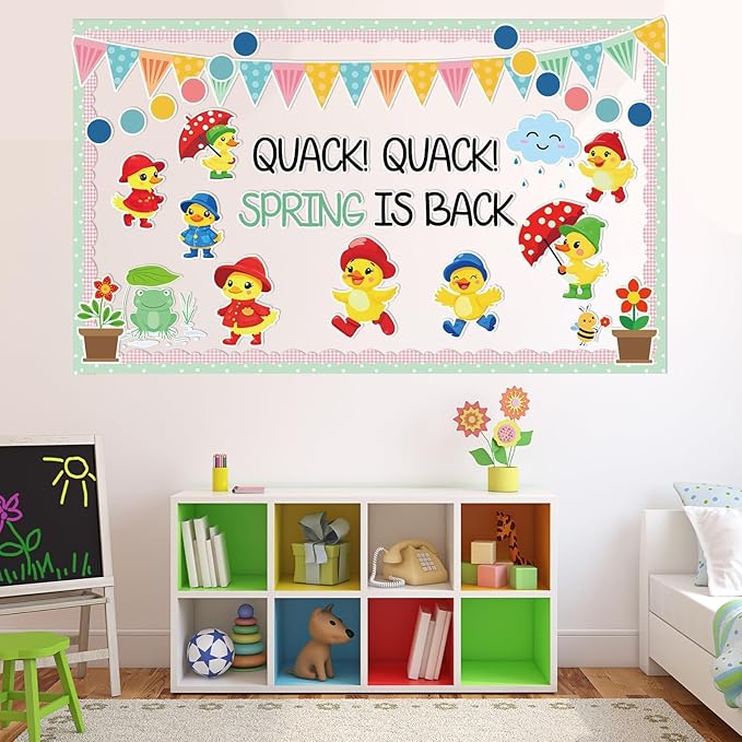 Quark Quark Spring is Back Bulletin Board Spring Bulletin Board Decorations Set Yellow Duck Rainbow Umbrella Clouds Flowers Cutouts Back to School Supplies for Classroom Home Office Wall Door Decor