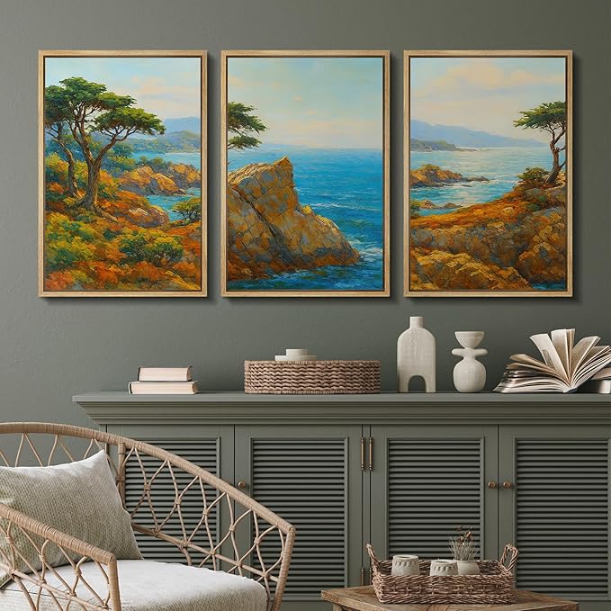 SIGNFORD Framed Wall Art Print Set Bright Coastal Cliffs and Ocean View Vibrant Seascape Digital Art Modern Art Contemporary for Living Room, Bedroom, Office - 16"x24"x3 Natural