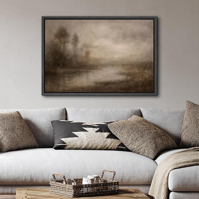 SIGNFORD Framed Canvas Print Wall Art Moody Misty Landscape with Trees and Water Abstract Illustrations Digital Art Modern Art Decorative Multicolor Rustic Minimal for Bedroom - 24"x36" BLACK