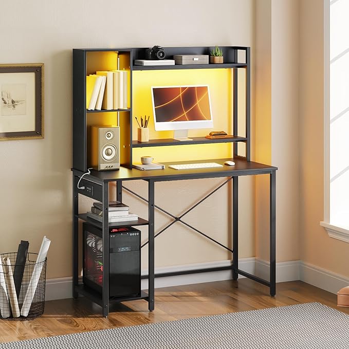 HOOBRO Computer Desk, Small Gaming Desk with LED and Outlets, Home Office Desk with Monitor Stand and Adjustable Shelf, Computer Desk with CPU Stand for Home Office, Small Space, Black BB100UDDN01