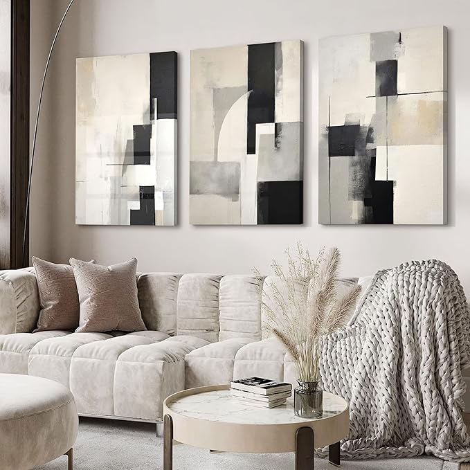 3Pcs Framed Neutral Abstract Canvas Wall Art Pictures Modern Minimalist Posters Prints Beige Black Brown Simple Wall Decoration for Living Room Bedroom Bathroom Office 16x24in
