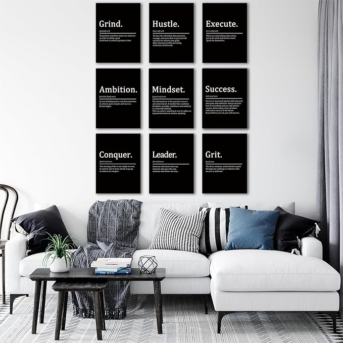 COSCTOR Set of 9 Motivational Wall Art Decor Inspirational Posters Quotes Framed Canvas Pictures Grind Hustle Execute for Workplace Office Garage Gym Classroom Bedroom(Framed,12x16)