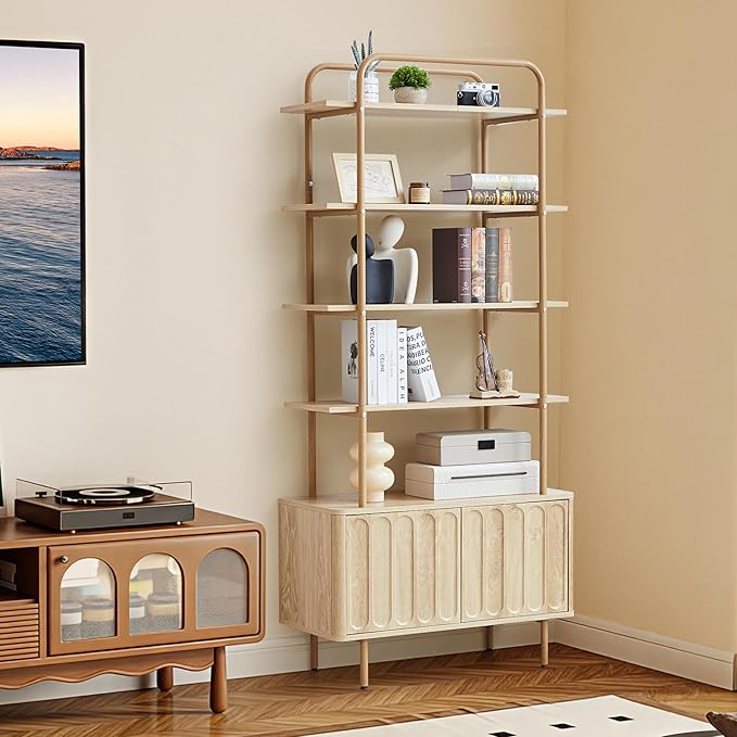 71" Tall Bookshelf with Door, 6-Tier Bookcase Modern Metal Book Shelf with Open Shelves & Adjustable Footpad Freestanding Storage Cabinet for Living Room, Home Office (Natural)