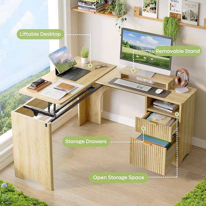 Bestier L Shaped Desk with Lift Desktop, 55 inch Corner Desk with Fluted Panel Deisgn Drawers, Modern Office Desk with File Drawer (Natual Oak, 55'' x 55'' Lift Top)