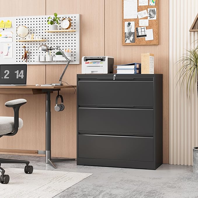 3-Drawer Metal File Cabinet with Lock,Steel Printer Stand with Storage for Home Office,Lateral Filing Cabinet for Legal/Letter/A4 Files,Assembly Required(35.43''W-3 Drawers,Black)