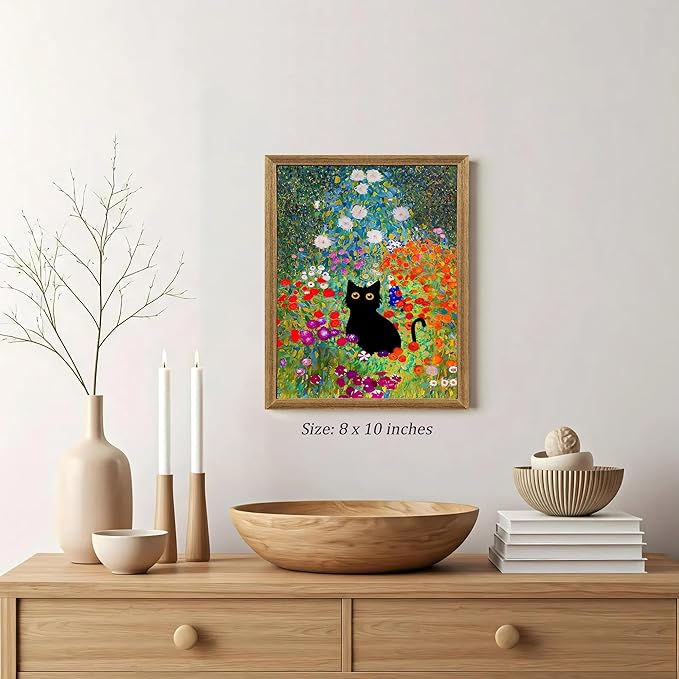 Fantasy Artists Gustav Klimt Canvas Wall Art, Framed Aesthetic Cat Floral Wall Decor, Garden Flower Black Cat Poster Paintings for Living Room Bedroom Bathroon, Dorm Home Decorations, 8" X 10"