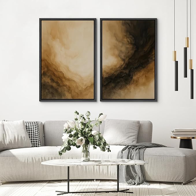 SIGNWIN Framed Canvas Print Wall Art Set Golden Brown Abstract Cloudscape Dramatic Modern Landscape Illustrations Modern Art Decorative Multicolor for Living Room, Bedroom, Office - 24"x36"x2 Black