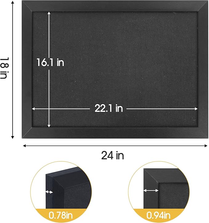 AKTOP Black Cork Board Bulletin Board with Linen 18" X 24", Large Framed Corkboard for Wall, Hanging Pin Board Picture Board for Home Office Decor, Cute Vision Board with Pushpins