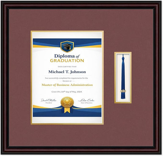 Diploma Frame with Tassel Holder 18.75 x 18 Executive Brown Shadowbox Dark Red Over Gold Mat - Fits 8.5 x 11 Degree Made in the USA