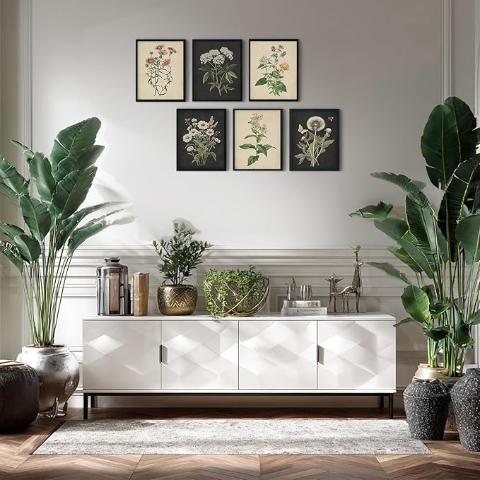 CEXYLVXR 6Pcs Vintage Botanical Wall Art Set Wildflower Herb Canvas Prints Rustic Farmhouse Wall Decor Pictures Dark Botanical Floral Painting for Living Room Bedroom Bathroom (12x16in Poster)