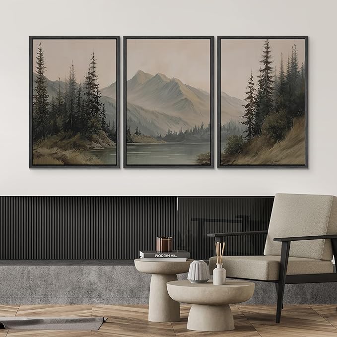 SIGNWIN Framed Canvas Print Wall Art Set Tranquil Pine Forest Mountain Lake Landscape Illustrations Modern Art Decorative Nordic Abstract for Living Room, Bedroom, Office - 16"x24"x3 Black