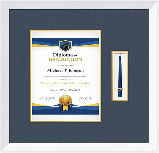 Diploma Frame with Tassel Holder Bright White Shadowbox Navy Blue Over Gold Mat - Fits 8.5 x 11 Degree Made in the USA