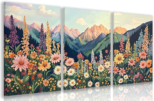 Hianan Mount Daisy Wildflower Landscape Wall Art, Colorful Floral Wall Decor, Boho Sunset Landscape Canvas Painting, Bright Botanical Poster Prints for Living Room Bedroom Framed 16"x24"x3