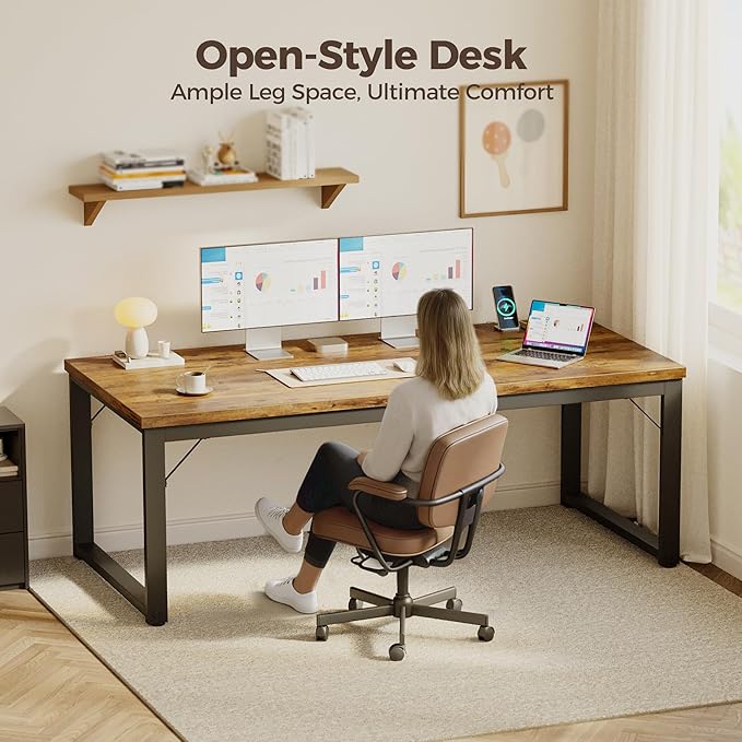 Mericonia 54 Inch Computer Desk with Power Outlets, 1.2" Thick Heavy Duty Industrial Office Desk, Modern Simple Study Writing Table for Home Office Bedroom Workstation, Brown