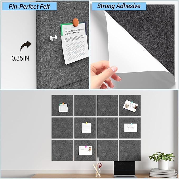 Large Cork Boards for Walls – 48" x 36" Self Adhesive Felt Wall Tiles, Ideal for Office Wall Organizing Bulletin Board, Easy to Install Cork Boards Felt Board