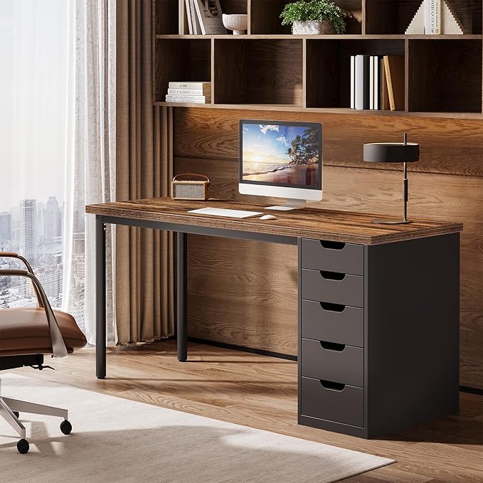Tribesigns Modern Simple Computer Desk, 47 Inches PC Desk with 5 Reversible Drawers, Rustic Brown Study Writing Table Workstation for Home Office Small Spaces (Brown+Black)
