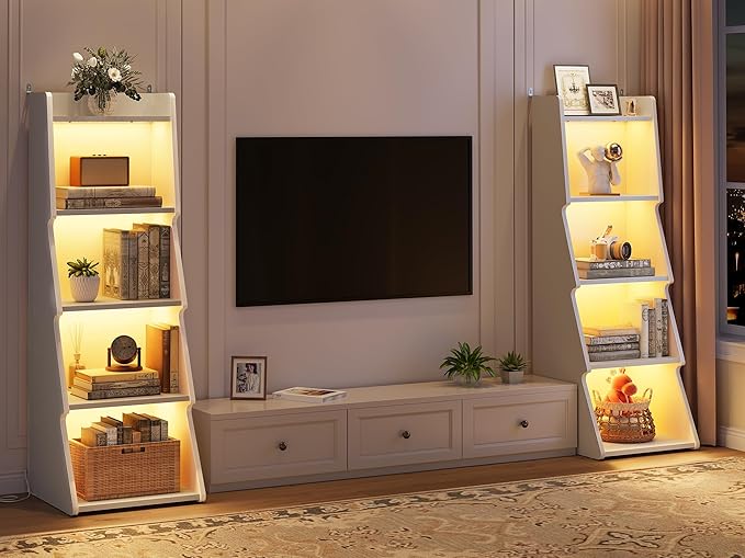 Hoctieon 5-Tier Open Bookcase and Bookshelf with LED Light, Floor Standing Display Storage Shelves, Wood Modern Display Organizer for Home Office, Living Room, Bedroom, Study, White