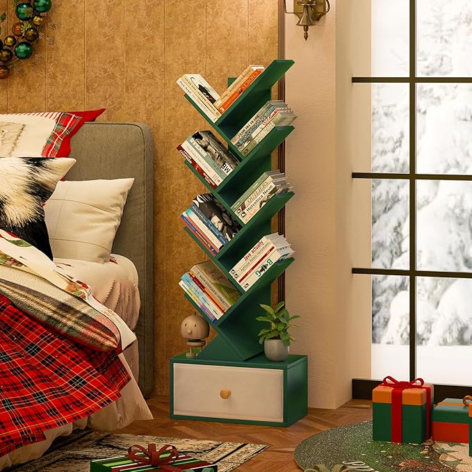 8 Tier Tree Bookshelf with Drawer, Free Standing Wood Green Bookcase for Narrow Space, Storage Organizer Bookshelves for Books, Book Case for Home Office, Living Room, Bedroom