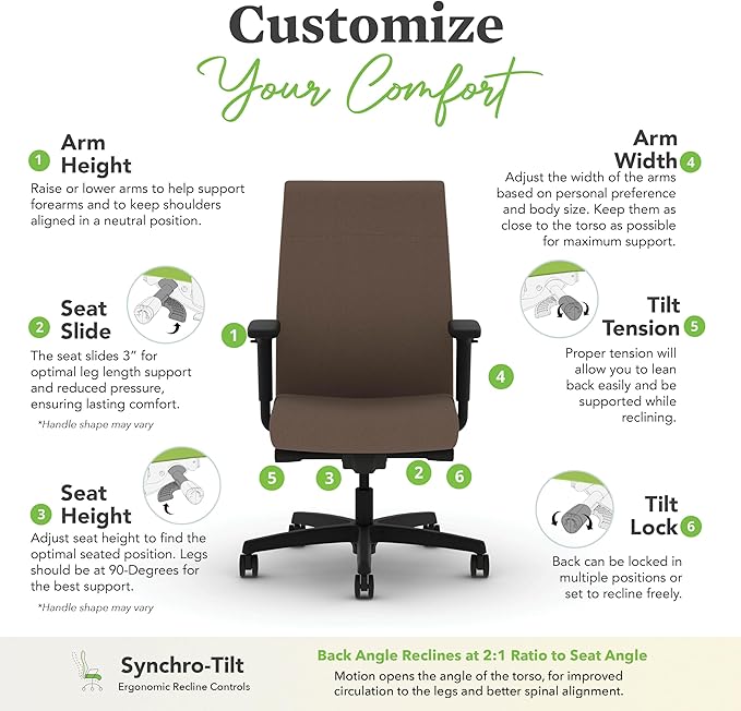 HON Ignition 2.0 Fabric Office Chair, Upholstered, Adjustable Arms, Advanced Synchro-Tilt Recline Executive Ergonomic Office Chair, Black Frame, Bark