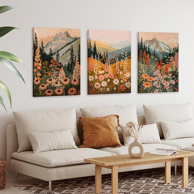 Hianan Boho Daisy Sunset Wall Art, Colorful Mountain Wildflower Wall Decor, Vintage Wildflower Canvas Painting, Modern Botanical Flower Aesthetic Picture for Bedroom Living Room Framed 12"x16"x3