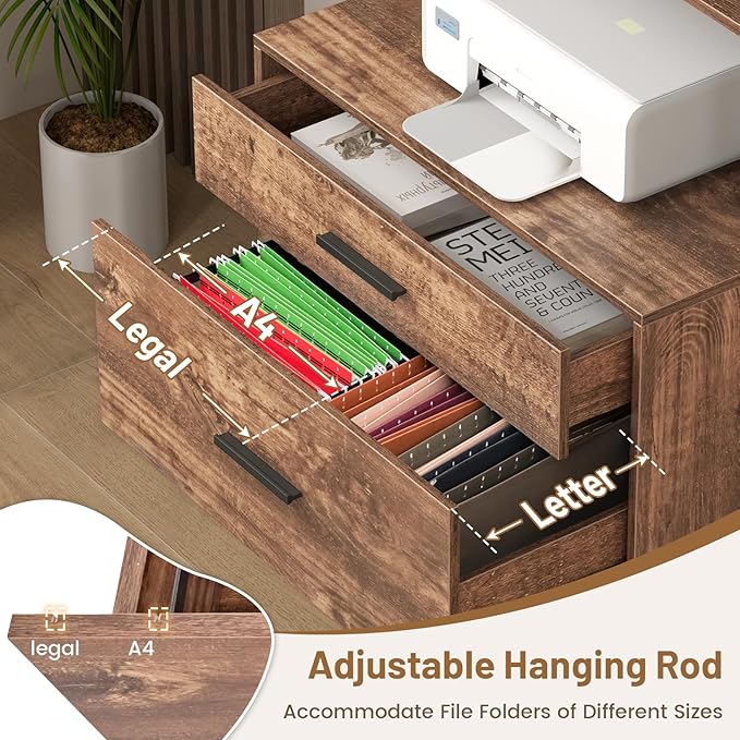 Giantex Tall 2-Drawer File Cabinet - Filing Cabinet w/Charging Station, 3-Tier Storage Shelves, Large Drawer, Hanging File Folders, Fits Letter A4 Legal Size, Printer Stand for Home Office (Brown)