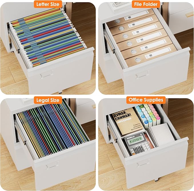 File Cabinet 2 Drawer, Locking Filing Cabinet with Business Card Slot for Letter/Legal/F4/A4 Size Folders,Required Assembly,14.57" W x 17.36" D x 25.79" H,White