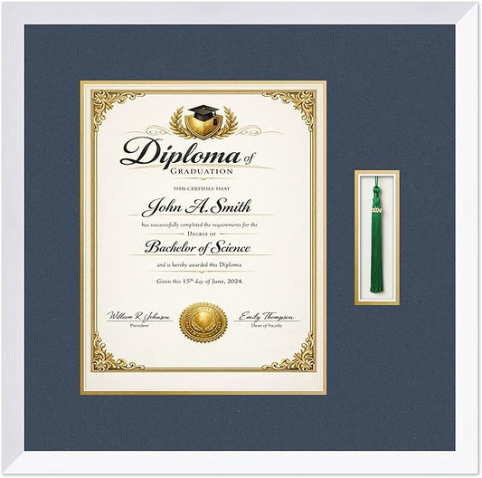 CountryArtHouse Diploma and Tassel Frame Fits 11 x 14 College Diploma (Portrait) with Tasse Bright White Genuine Hardwood Shadowbox with Navy Blue Over Metallic Gold Double mat