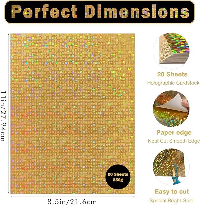Holographic Gold Cardstock Paper 20 Sheets, 8.5x11 Inch Premium 92lb/250GSM Glitter Iridescent Mirror Paper for Invitations, DIY Crafts, Scrapbooking, Birthday Party Decorations ﻿