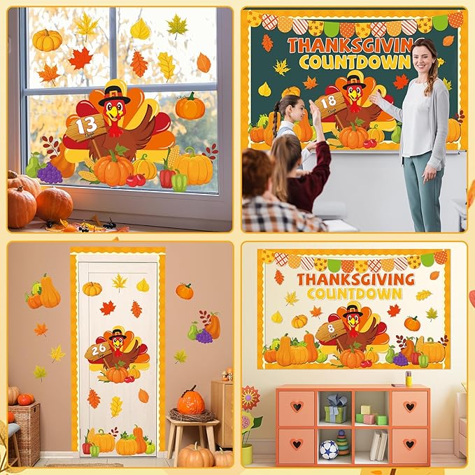 Thanksgiving Countdown Bulletin Board Decorations Fall Thanksgiving Turkey Paper Cutouts Autumn Maple Leaf Pumpkin Classroom Bulletin Board Set for Harvest Party School Chalkboard Wall Decor Supplies
