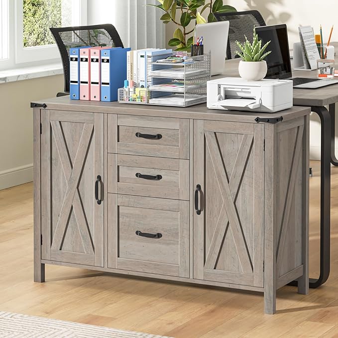 Farmhouse File Cabinet with Doors, Lateral Filing Cabinet with 3 Drawers for Letter/A4 Size Hanging Files, Large Wooden Printer Stand with Adjustable Shelves for Home Office, Rustic Grey