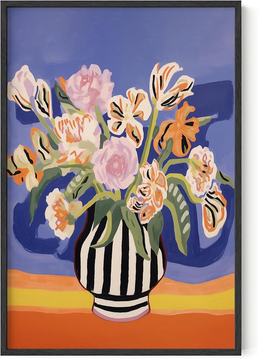 HAUS AND HUES Floral Art Wall Decor - Wildflowers Wall Art for Living Room, Floral Artwork for Bedroom Walls, Flower Painting for College Girls Dorm Room (Striped Vase, Unframed, 24x36)