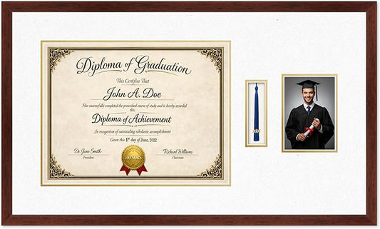 Diploma Tassel and Photo Frame Rustic Walnut Shadowbox Oyster Shell Over Gold Mat - Fits 17 x 13 Degree Picture Made in the USA