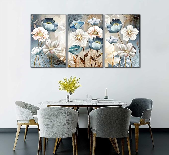 3 Pcs Modern Luxury Lotus Flower Canvas Wall Art White and Blue Floral Painting Pictures Wall Decor Posters Print Artwork for Living Room Bedroom Bathroom Office Home Decoration
