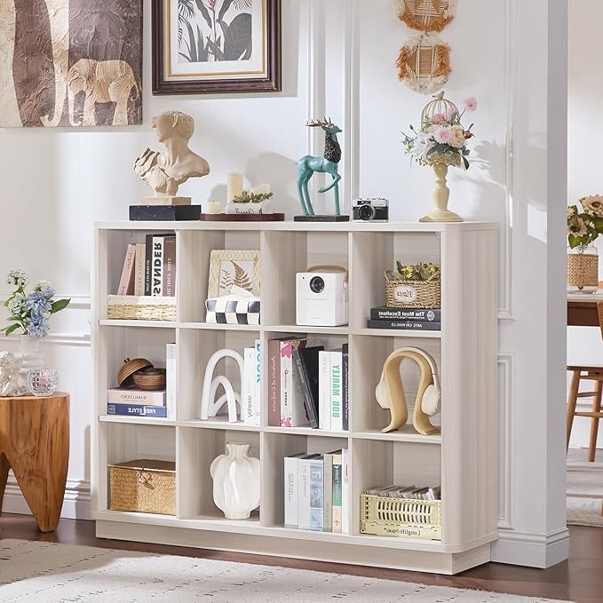 12 Cube Storage Organizer, 41" Large Bookshelf with Curved Edge, Wood Floor Standing 3-Tier Cubby Bookcase w/Base, Modern Display Storage Cabinet for Living Room, Office, Gray-White Cream Oak