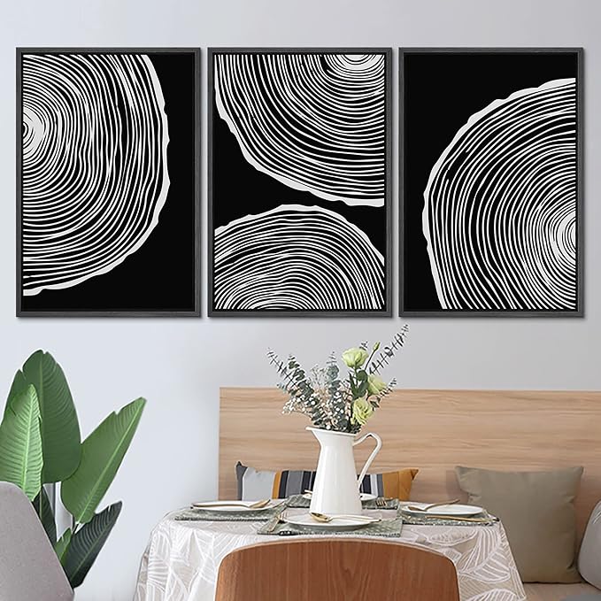SIGNLEADER Framed Canvas Print Wall Art Set Duotone Geometric Wood Ring Circle Collage Abstract Shapes Illustrations Modern Art Boho Decorative for Living Room, Bedroom, Office - 16"x24"x3 BLACK
