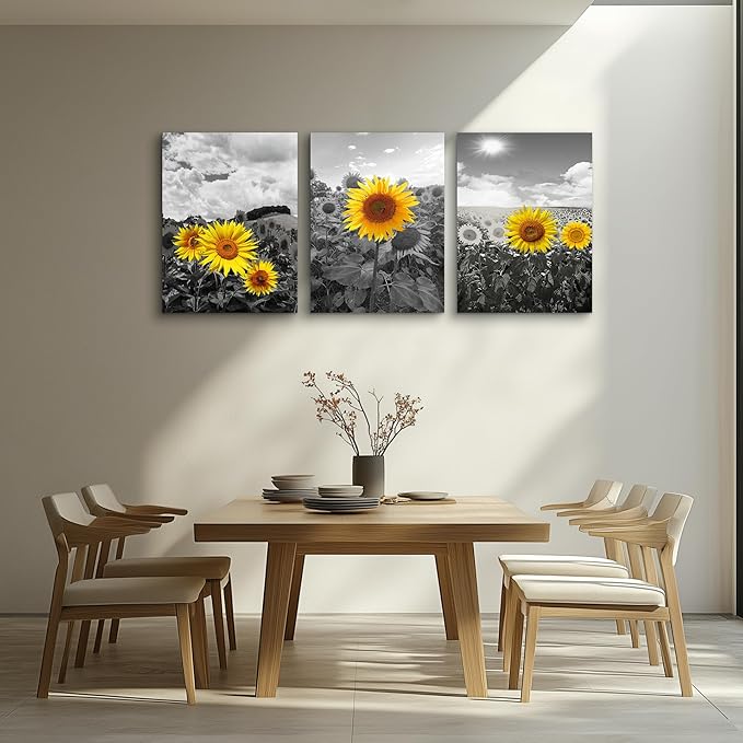 Large Size Canvas Wall Art For Living Room Family Bedroom Wall Painting Decoration,Bathroom Wall Decor Kitchen Home Decoration Black And White Sunflower Flowerswall Pictures Artwork,20x28 3 Piece