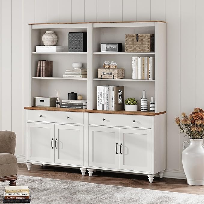 WAMPAT White 5 Tier Bookcase 72" Tall Bookshelf with Barn Doors, Farmhouse Large Display Book Shelf with 2 Drawers and Storage Cabinet, Morden Library Wood Bookshelves for Living Room,Kitchen, (2PCS)