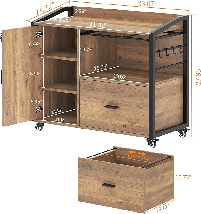HSH Rolling File Cabinet with Lock, Mobile Lateral Filling Cabinet on Wheels, Wood Metal Printer Stand with Storage Drawer Shelf, Modern File Cabinets Fits F4 Legal for Home Office, Rustic Oak, 33Inch