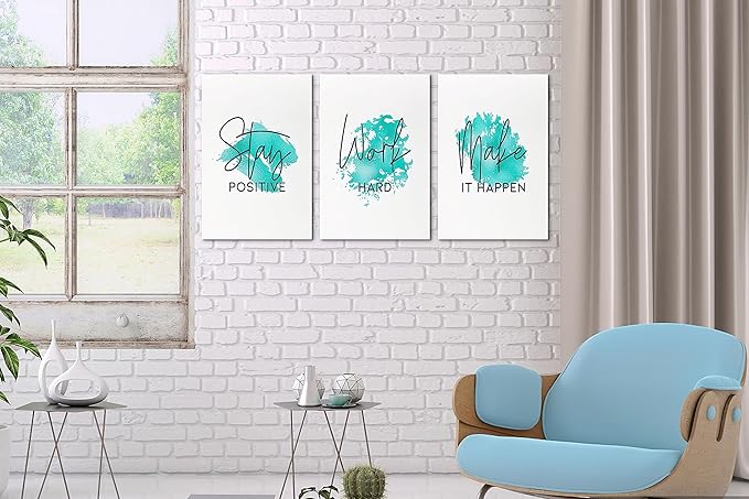 SHMAO Teal Office Canvas Wall Art Motivational Wall Decor, 3 Piece Stay Work Make Print Pictures for Office Wall Decor Women Inspirational Framed Artwork Home Office Decor 12”x18”x3 Panels