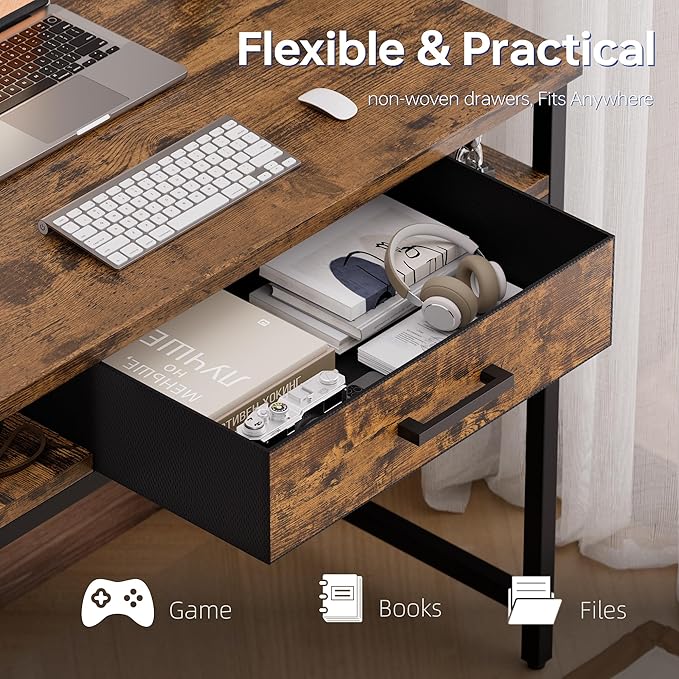 Pamray 32 Inch Small Computer Desk with Drawer and Shelves Simple Study Work Table for Bedroom Vintage