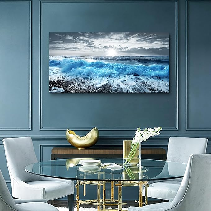 Lapremoly Framed Wall Art For Living Room Large Canvas Wall Decor For Office Blue Beach Painting Ocean Sea Waves Wall Pictures Bedroom bathroom Home Decorations Prints Posters Mural Artwork 20"X40"